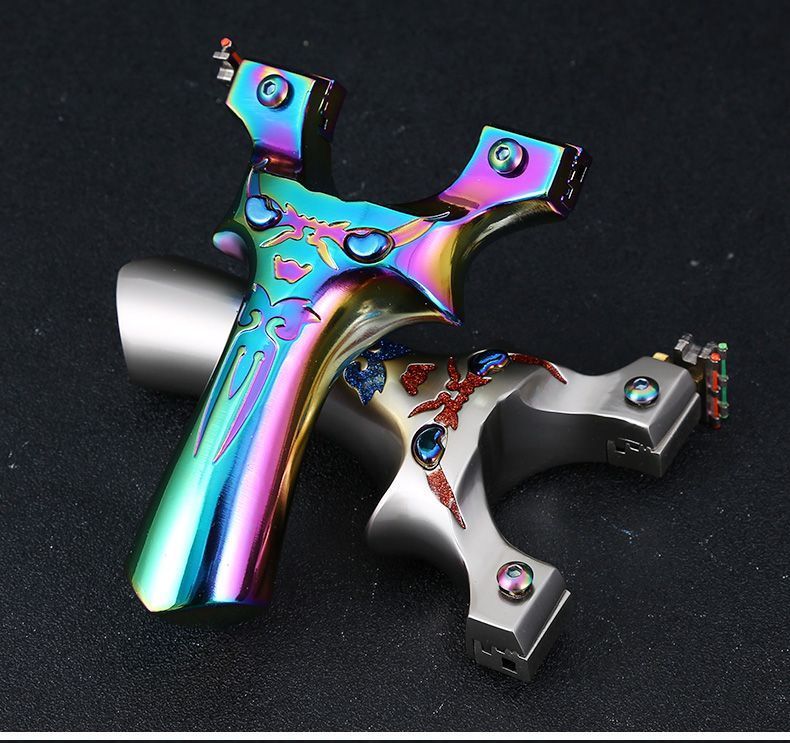 New Demon Little Monster Flat Band Slingshot Fast Compression Titanium Aluminum Alloy Outdoor Competition Colorful Slingshot Practical Wide Band Bow