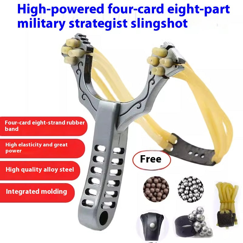 Stainless Steel Metal Four Card Eight Strand Military Slingshot Fork High Elasticity Round Rubber Band Traditional Card Ball Competition High Precision Bow